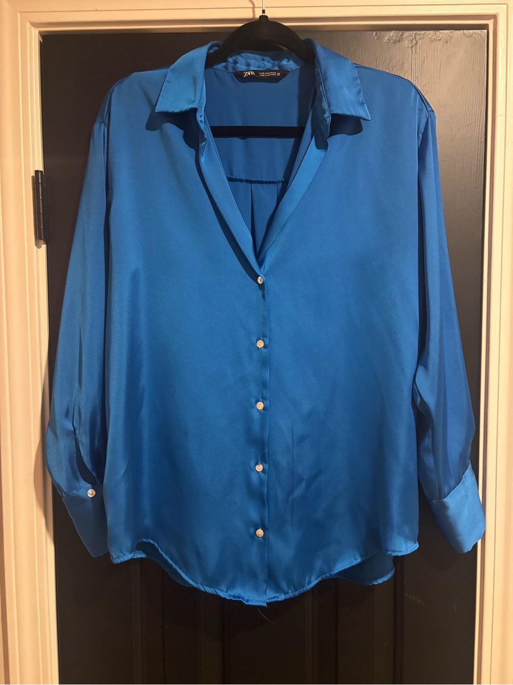 Zara Vibrant Blue Satin Button-Down Shirt